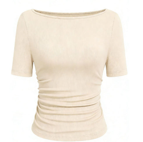 European And American-style Chic T-shirt In Solid Color With A Boat Neck And Flared Sleeves