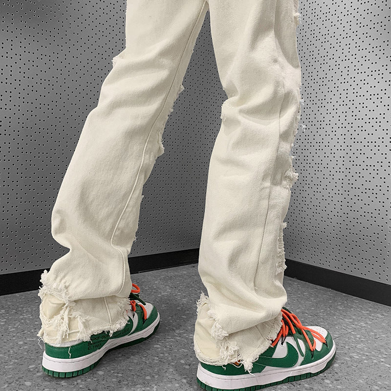 Fake Ripped Jeans Men's Slim Straight Bootcut Trousers