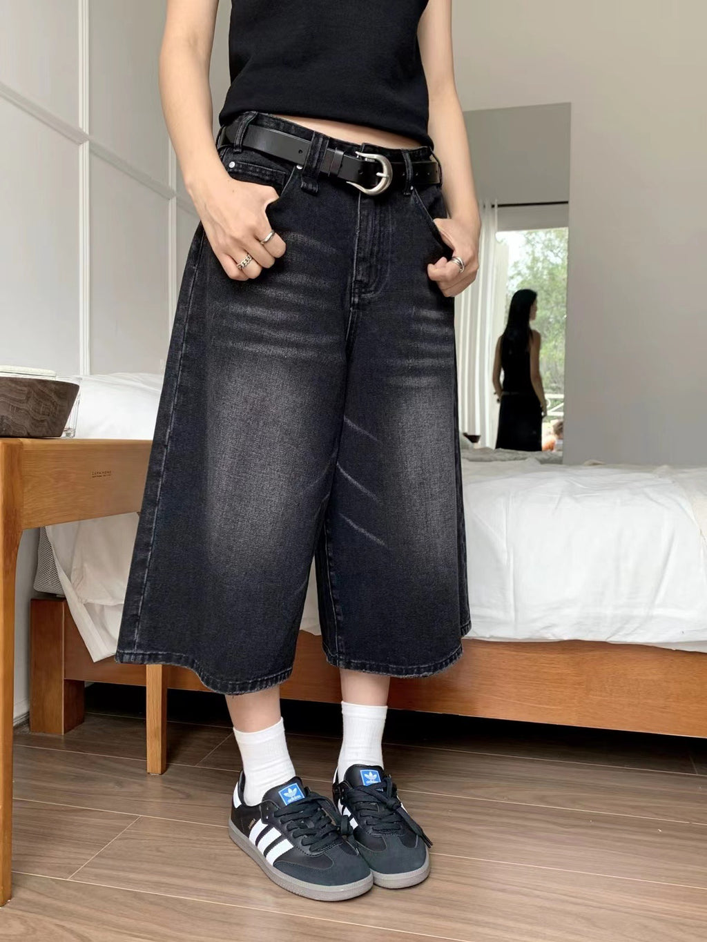 High Waist Wide Leg Cropped Denim Shorts Men's Design Sense