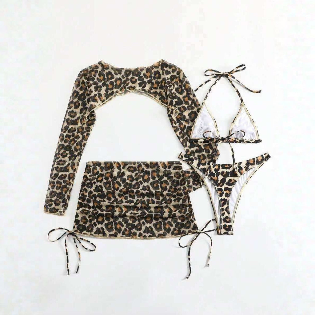 European And American Leopard-Print Lace-Up Sexy Two-Piece Four-Piece Swimsuit