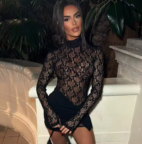 Lace Sheer Long-sleeved Mini Skirt