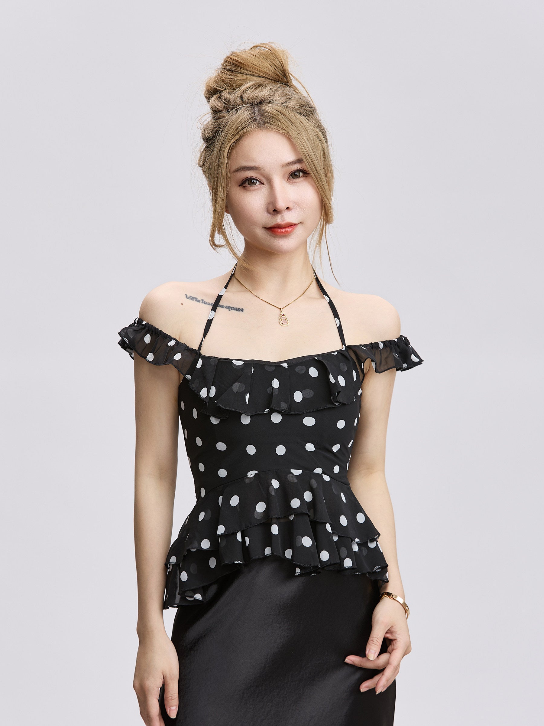 Spicy Girl Sexy Halter-Neck Polka-Dot Chiffon Blouse