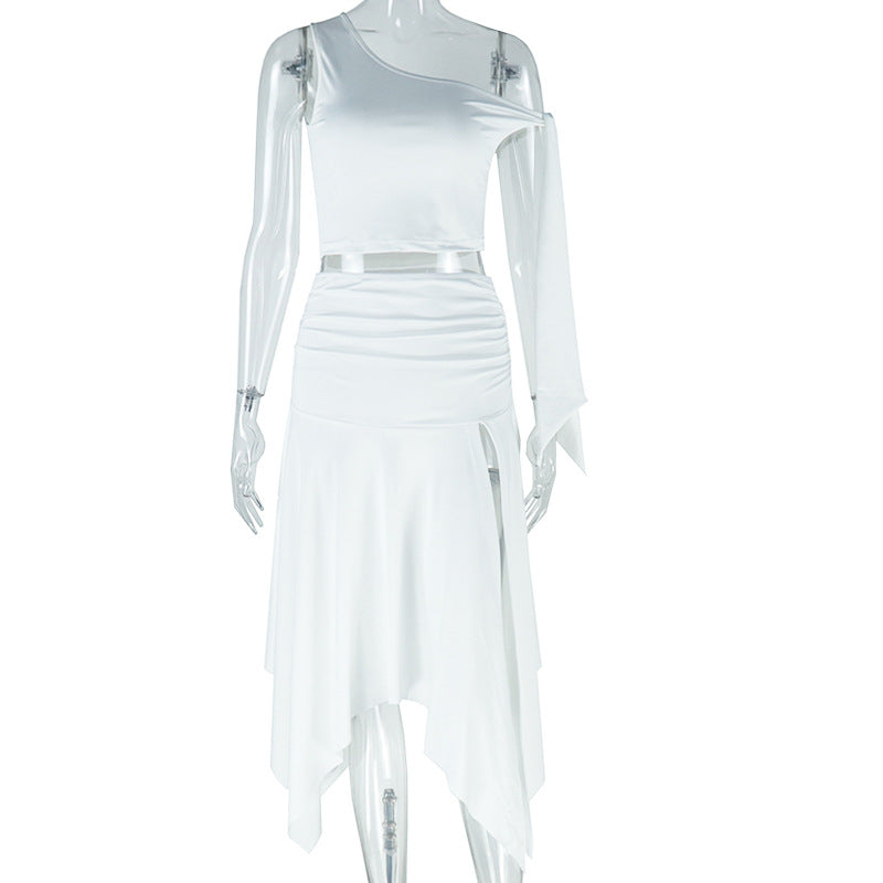 Womens Dress Set Sleeveless One-Shoulder Top With Flutter Sleeves And A Slit Skirt