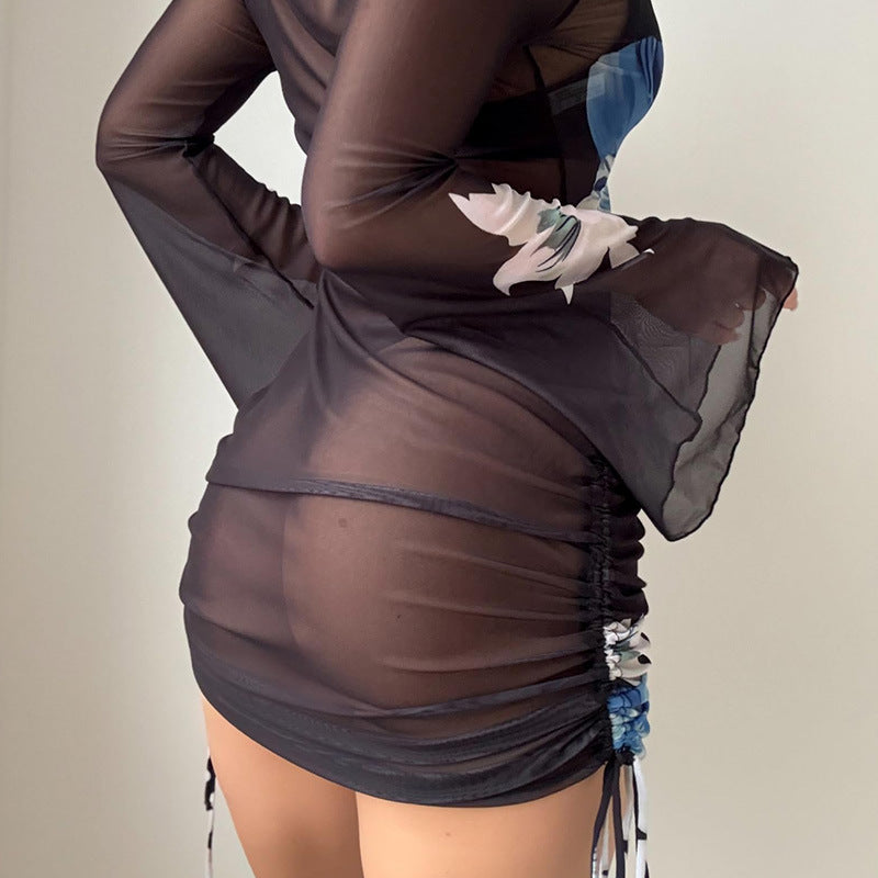 Mesh Long-sleeve Flared-sleeve Short Skirt