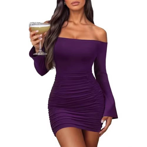 Hip-hugging Pleated Solid Color Dress
