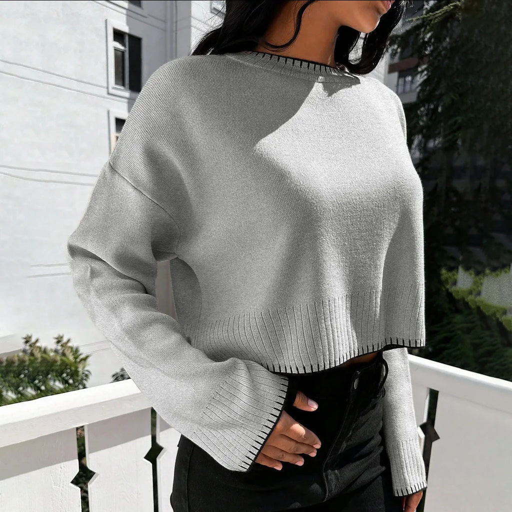 High-waisted Color-block Loose-fitting Cropped Pullover Knit Sweater