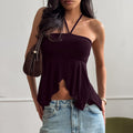 Sexy Retro Brown Halterneck Suspender Slit Camisole