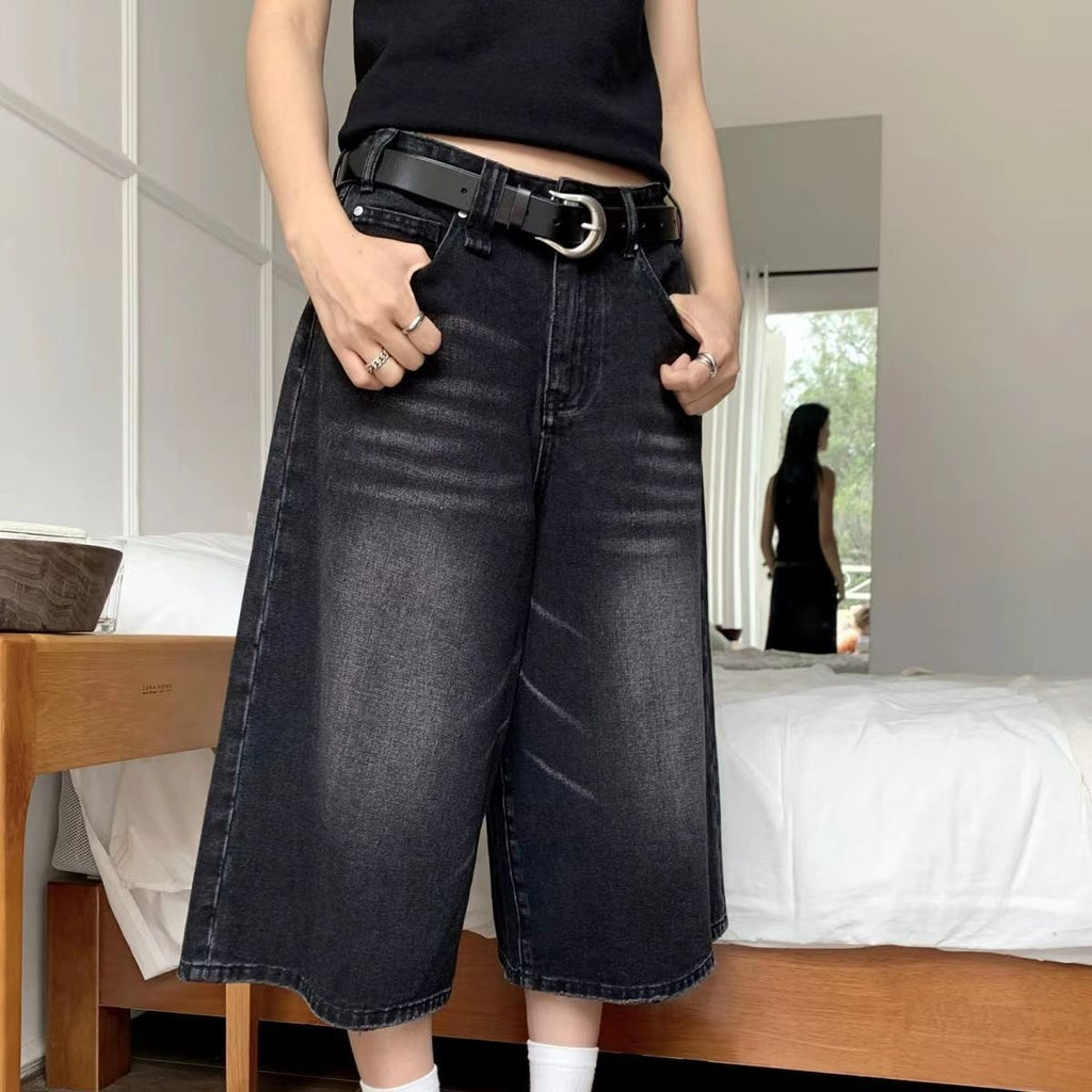 High Waist Wide Leg Cropped Denim Shorts Men's Design Sense