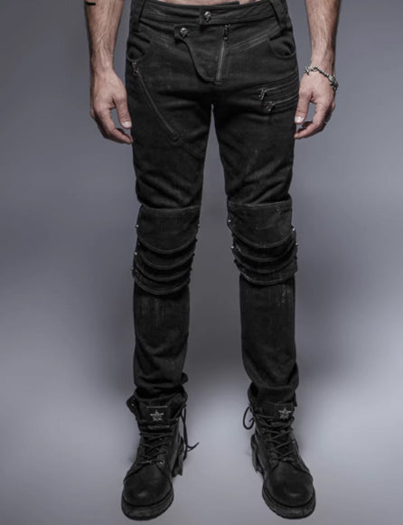 Mens Motorcycle Denim Jeans With Swinging Knee Design In Dune Steampunk Armor Style