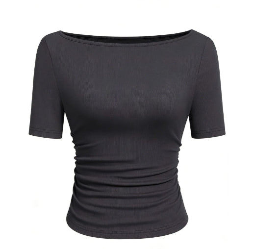 European And American-style Chic T-shirt In Solid Color With A Boat Neck And Flared Sleeves