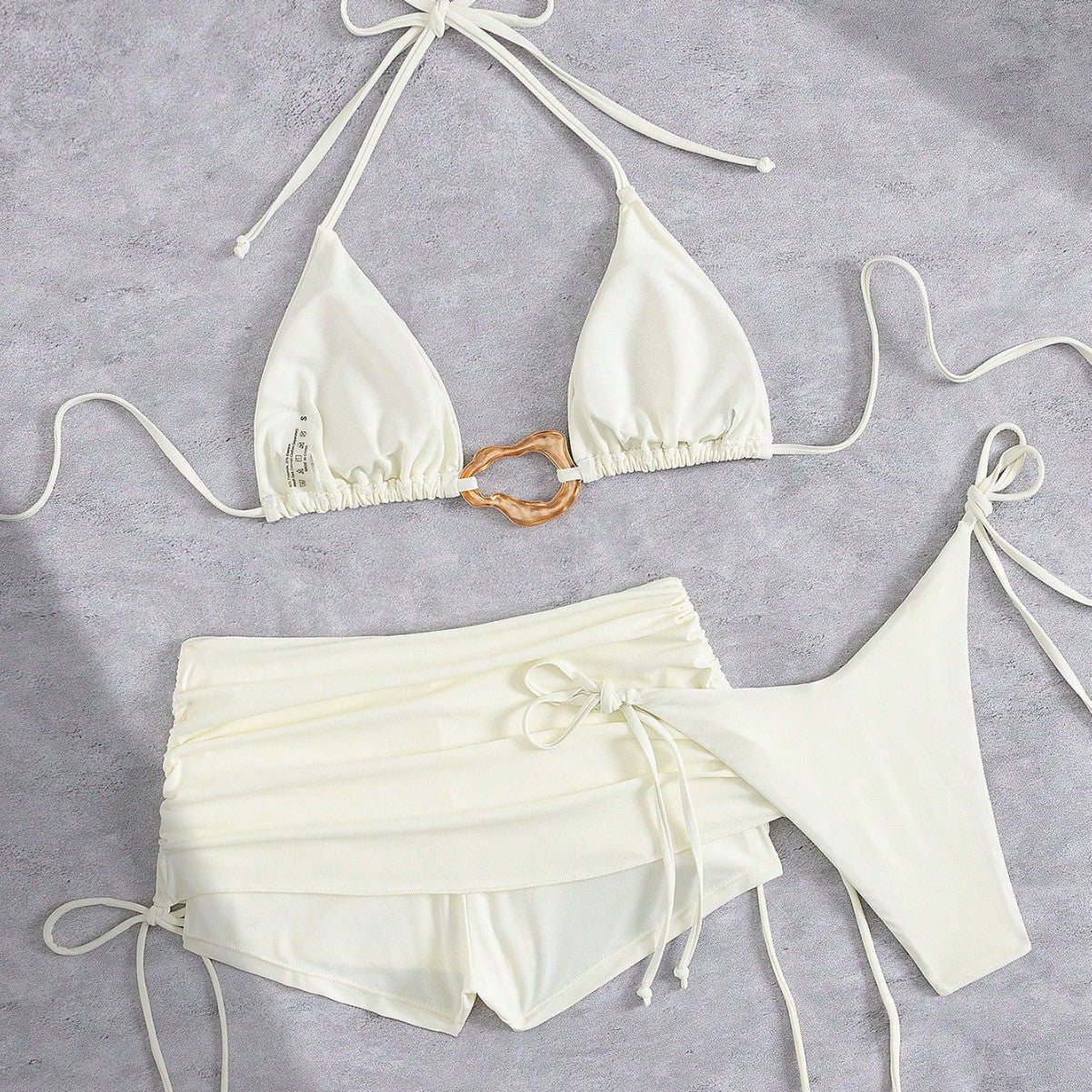 European And American Style Three-Piece Bikini Set Retro Solid-Color Lace-Up Womens Swimsuit
