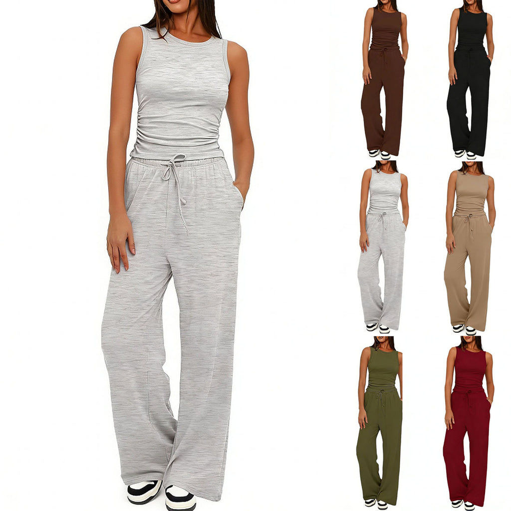 Sleeveless Crewneck Pleated Vest And High-waisted Wide-leg Pants Set