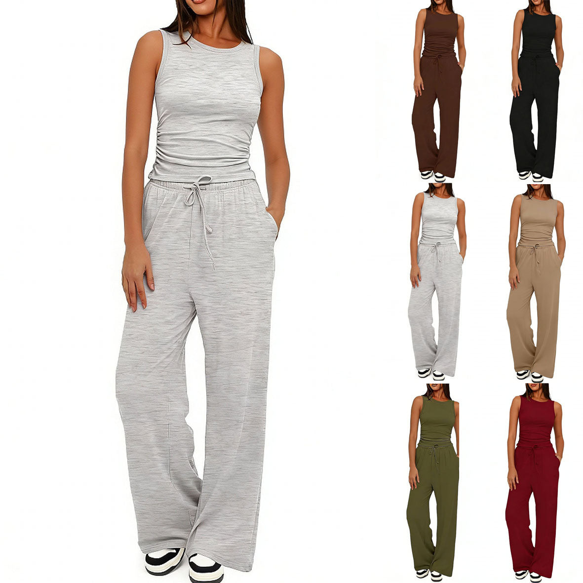 Sleeveless Crewneck Pleated Vest And High-waisted Wide-leg Pants Set