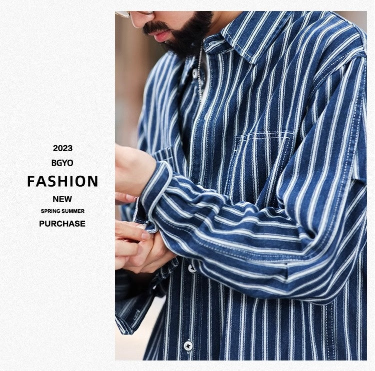 Men's Retro Casual Denim Striped Shirt