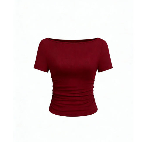 European And American-style Chic T-shirt In Solid Color With A Boat Neck And Flared Sleeves