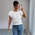 Jacquard Solid-color Crewneck Ruched Batwing-sleeve Short-sleeve Shirt