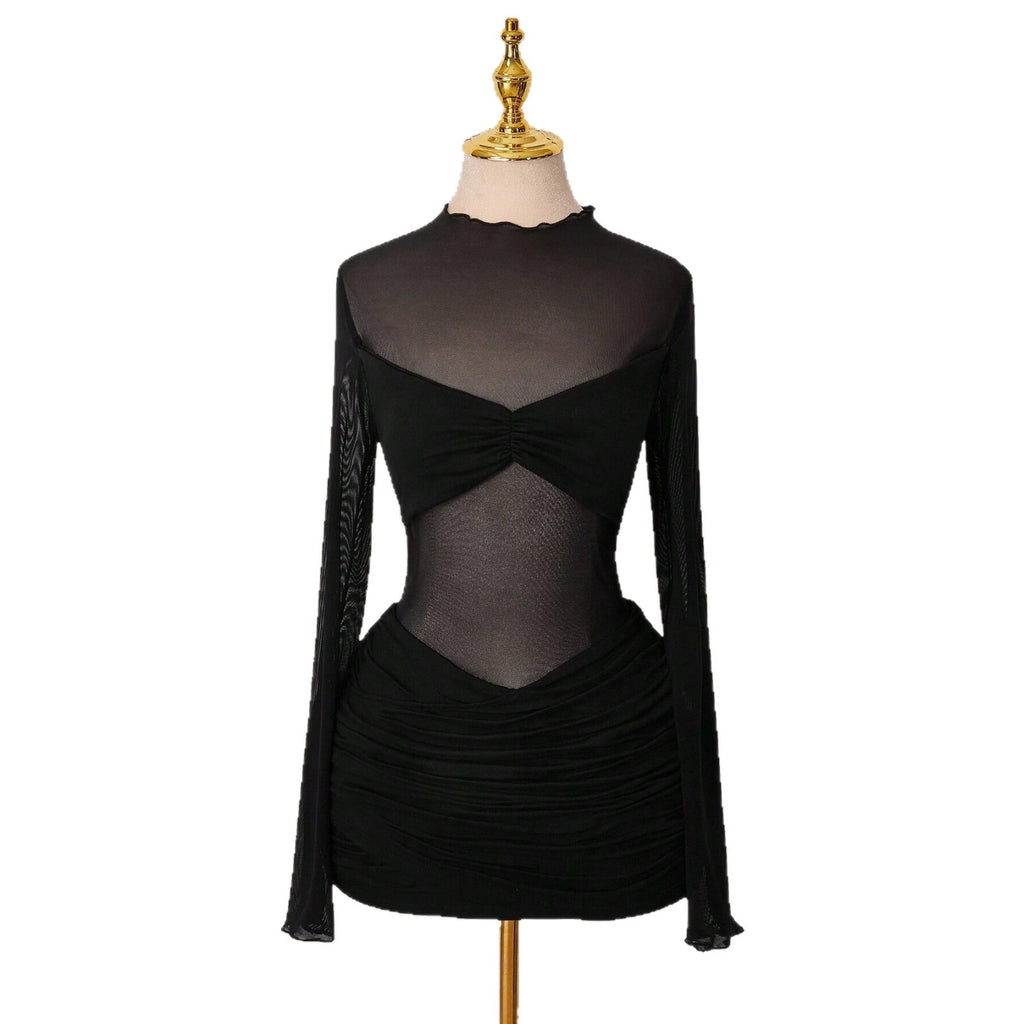 Solid-color Slim-fit Sexy Mesh Sheer Round-neck Sheath Dress For Women