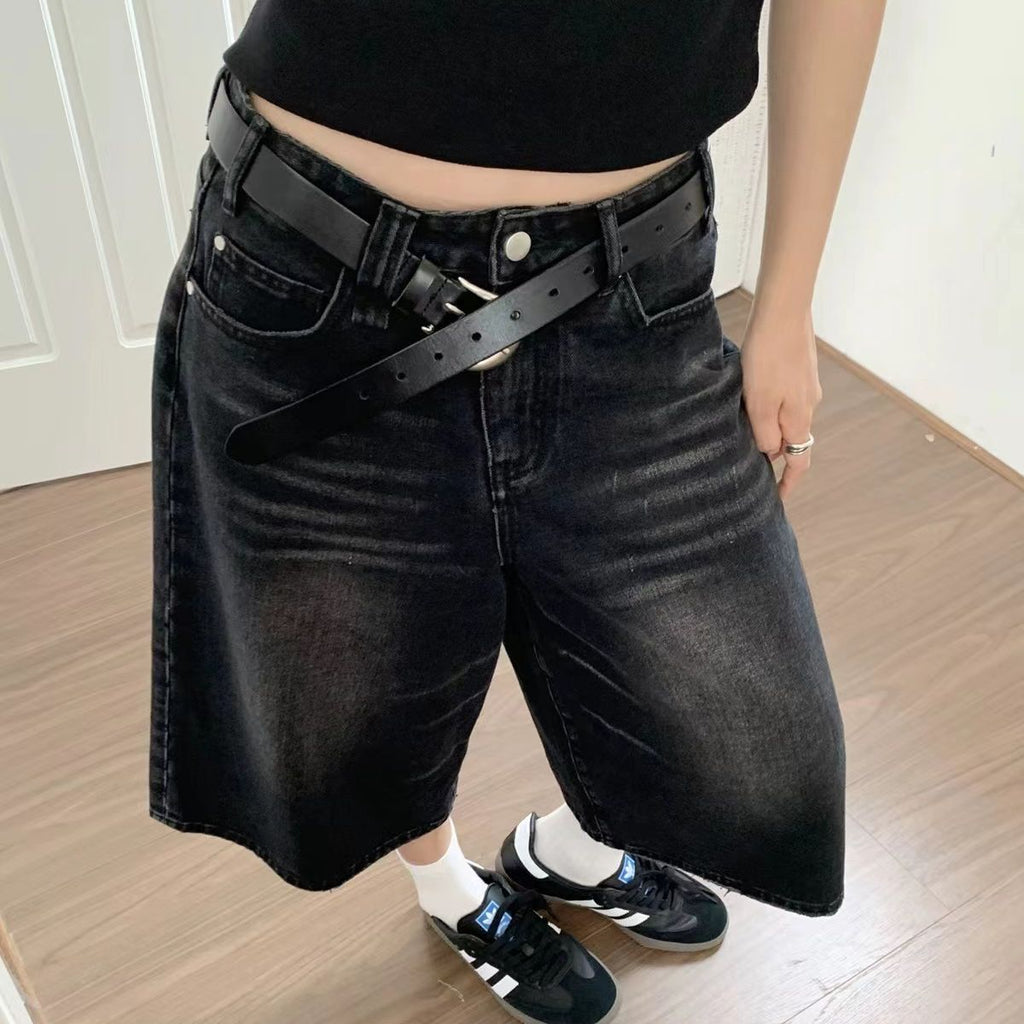 High Waist Wide Leg Cropped Denim Shorts Men's Design Sense