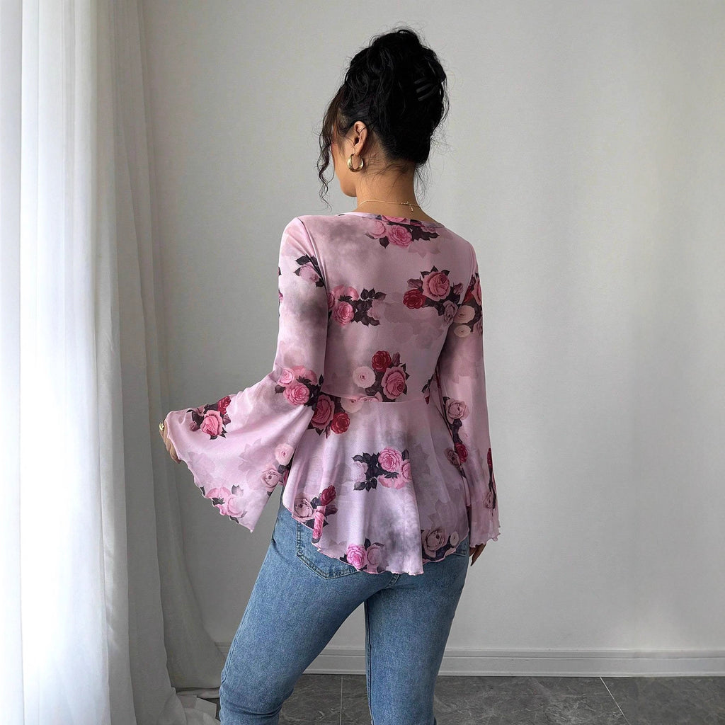Women's French-style Printed Mesh Elegant Casual Shirt