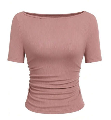 European And American-style Chic T-shirt In Solid Color With A Boat Neck And Flared Sleeves