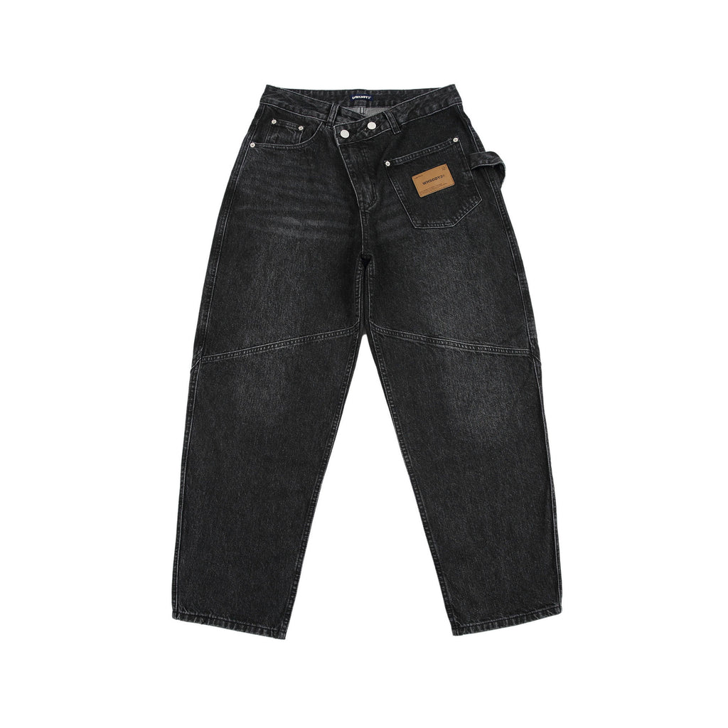 Retro Heavy Washed Oblique Placket Pocket Design Cargo Jeans