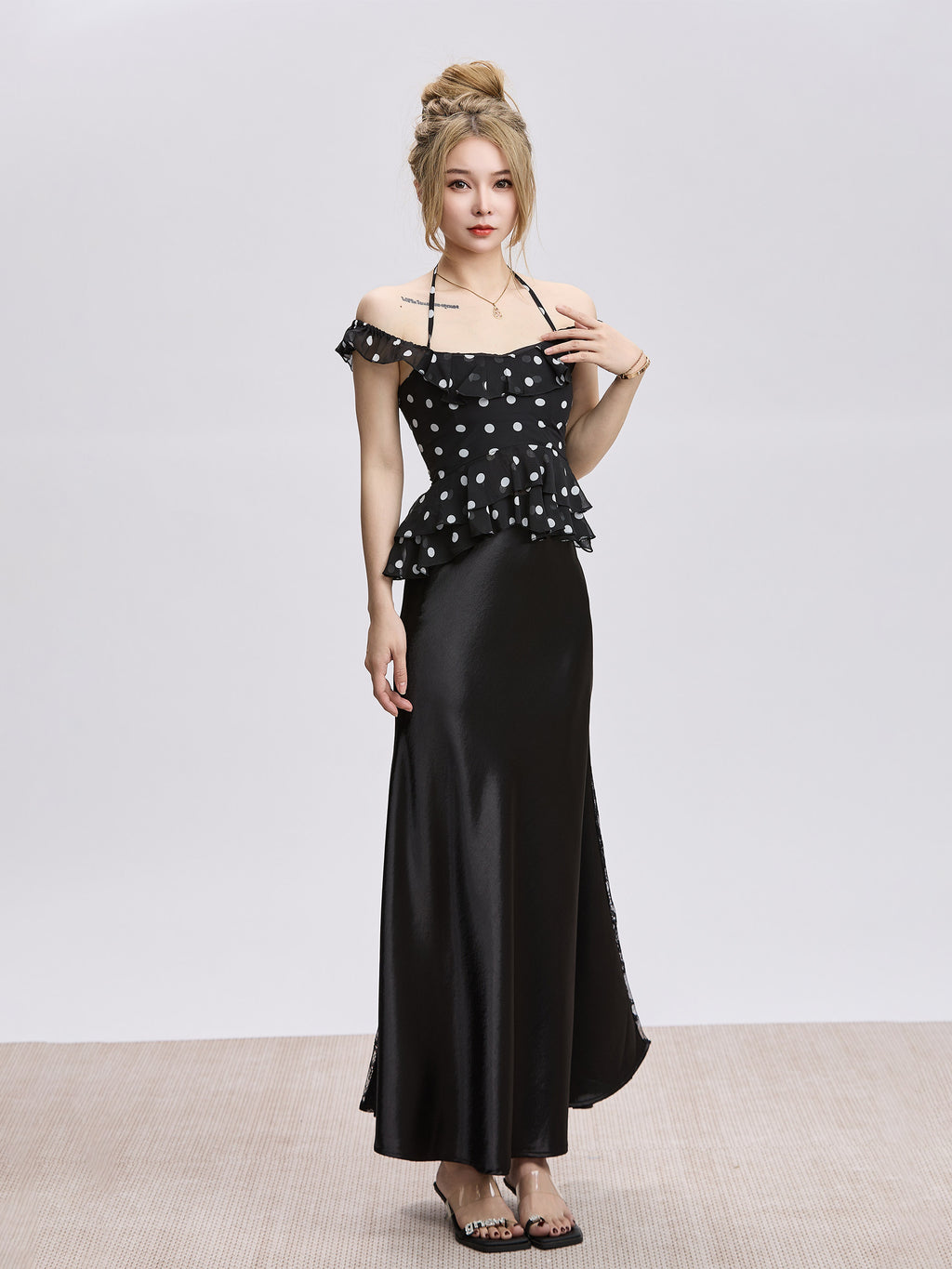 Spicy Girl Sexy Halter-Neck Polka-Dot Chiffon Blouse