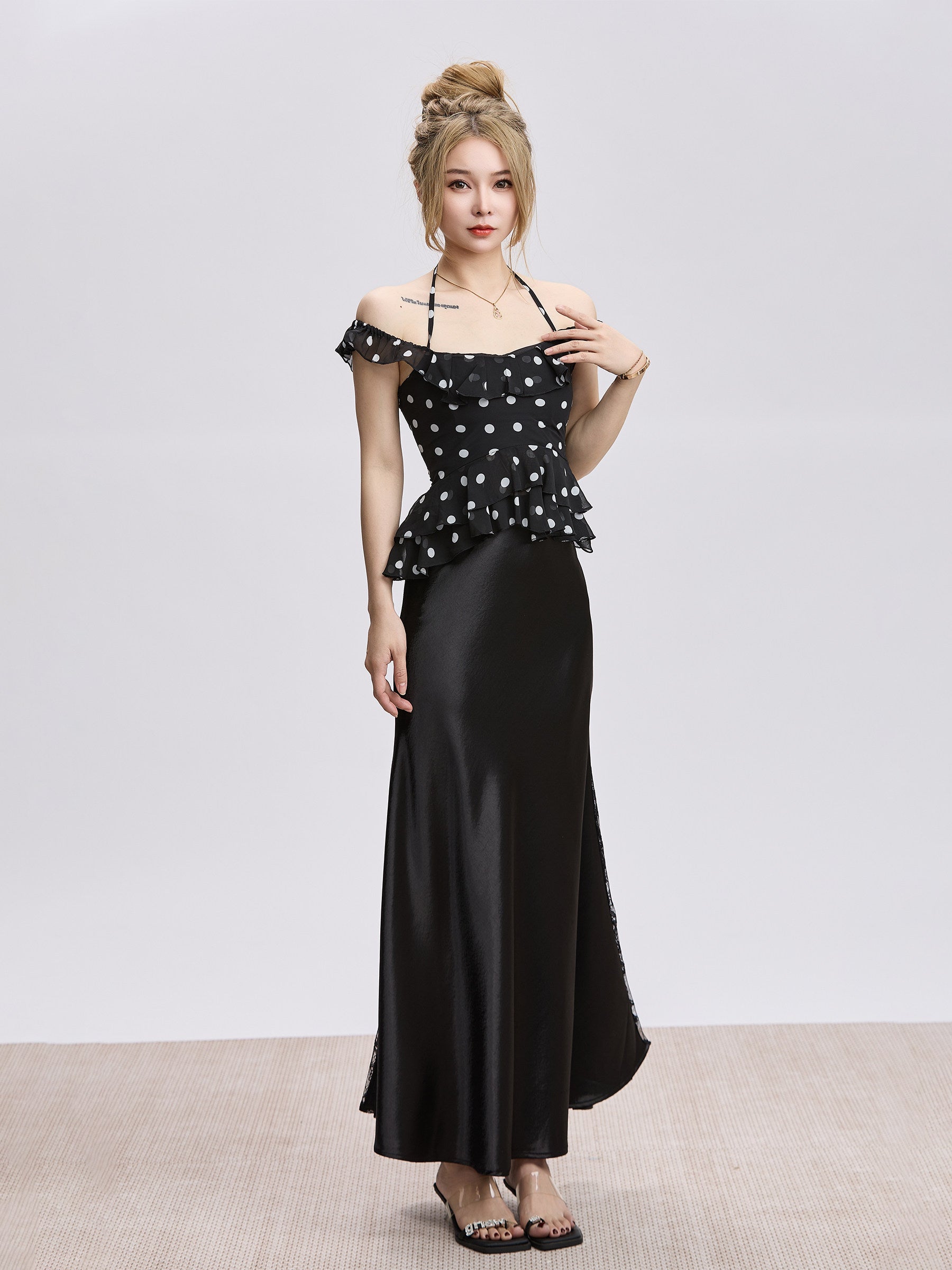 Spicy Girl Sexy Halter-Neck Polka-Dot Chiffon Blouse